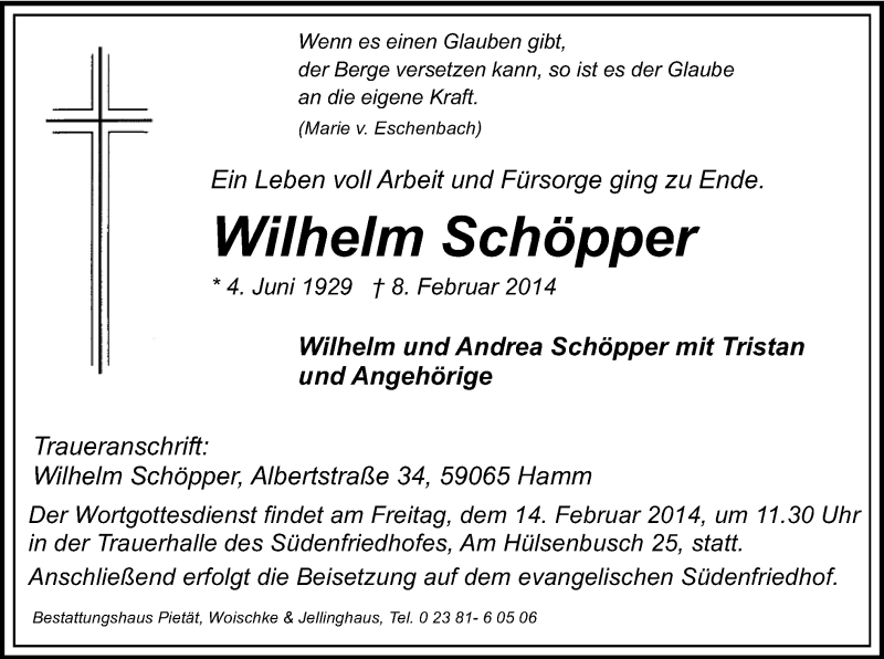  Traueranzeige für Wilhelm Schöpper vom 11.02.2014 aus MZV
