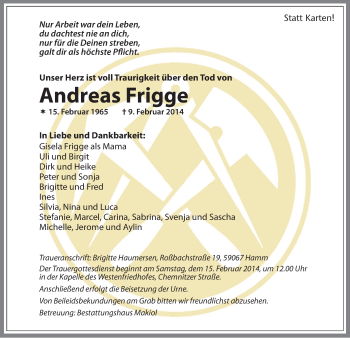 Traueranzeige von Andreas Frigge von MZV