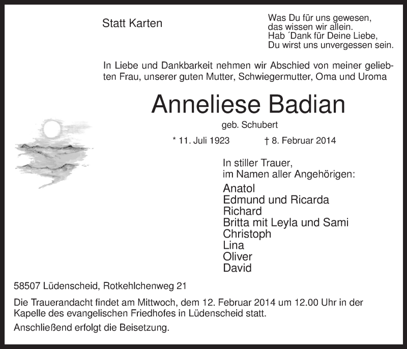  Traueranzeige für Anneliese Badian vom 11.02.2014 aus MZV