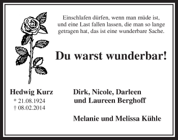 Traueranzeige von Hedwig Kurz von MZV