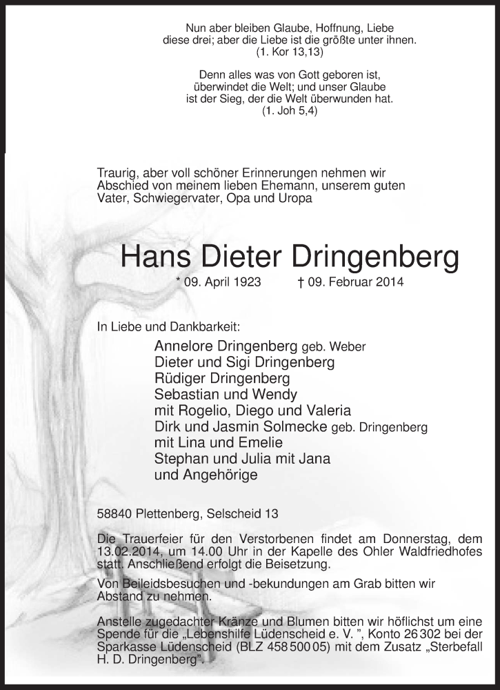  Traueranzeige für Hans Dieter  Dringenberg vom 11.02.2014 aus MZV