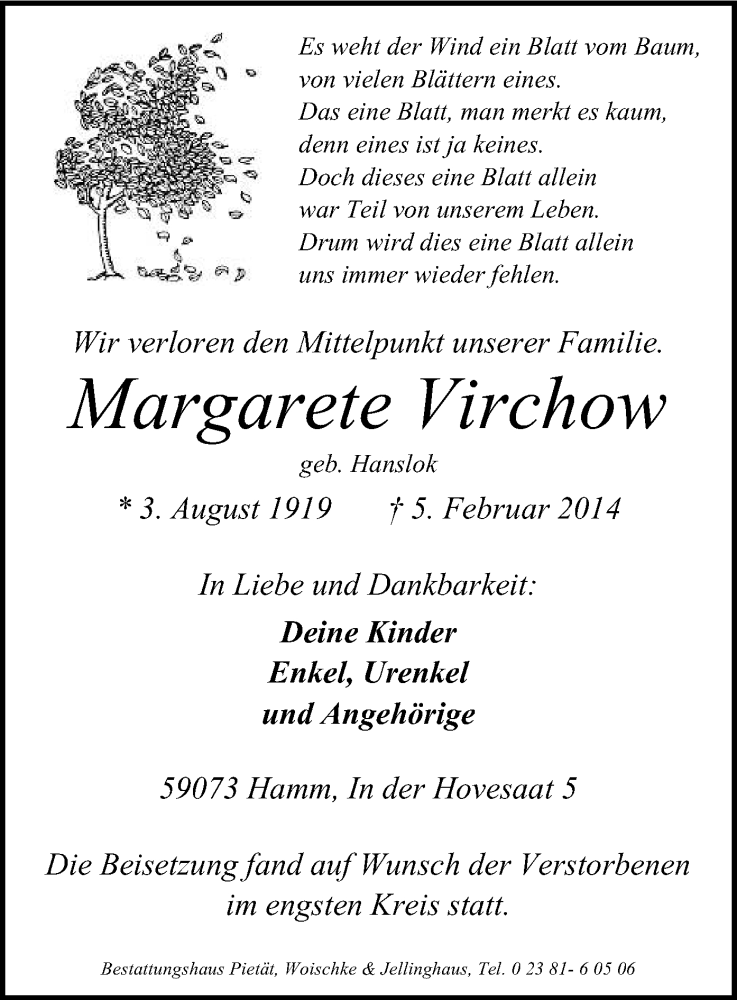  Traueranzeige für Margarete Virchow vom 12.02.2014 aus MZV