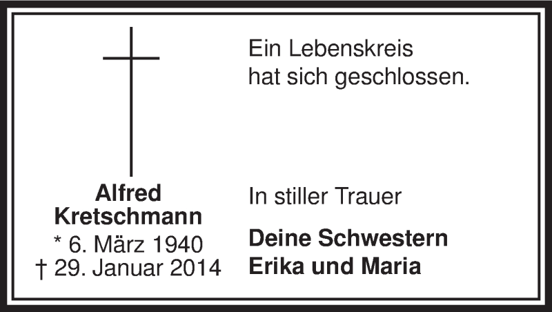  Traueranzeige für Alfred Kretschmann vom 15.02.2014 aus MZV
