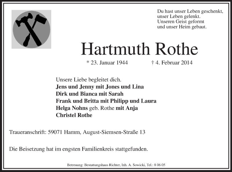  Traueranzeige für Hartmuth Rothe vom 12.02.2014 aus MZV