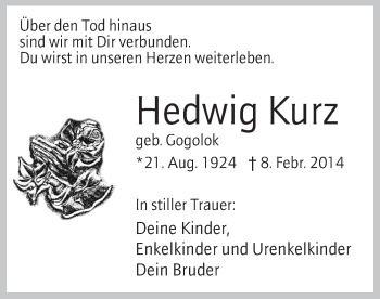 Traueranzeige von Hedwig Kurz von MZV