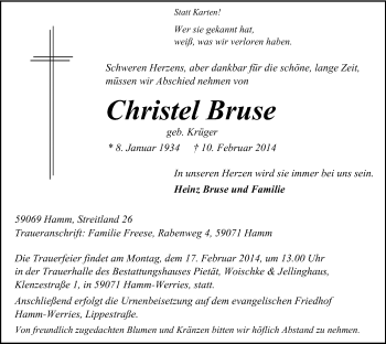 Traueranzeige von Christel Bruse von MZV