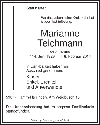 Traueranzeige von Marianne Teichmann von MZV