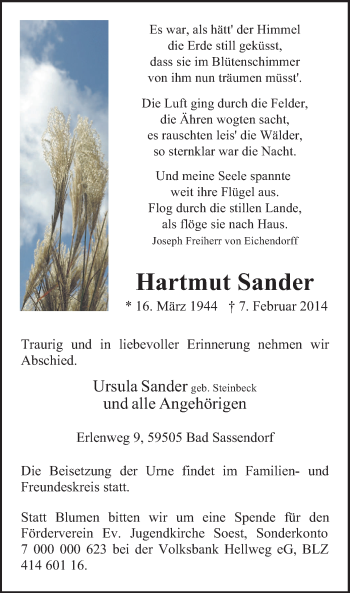 Traueranzeige von Hartmut Sander von MZV