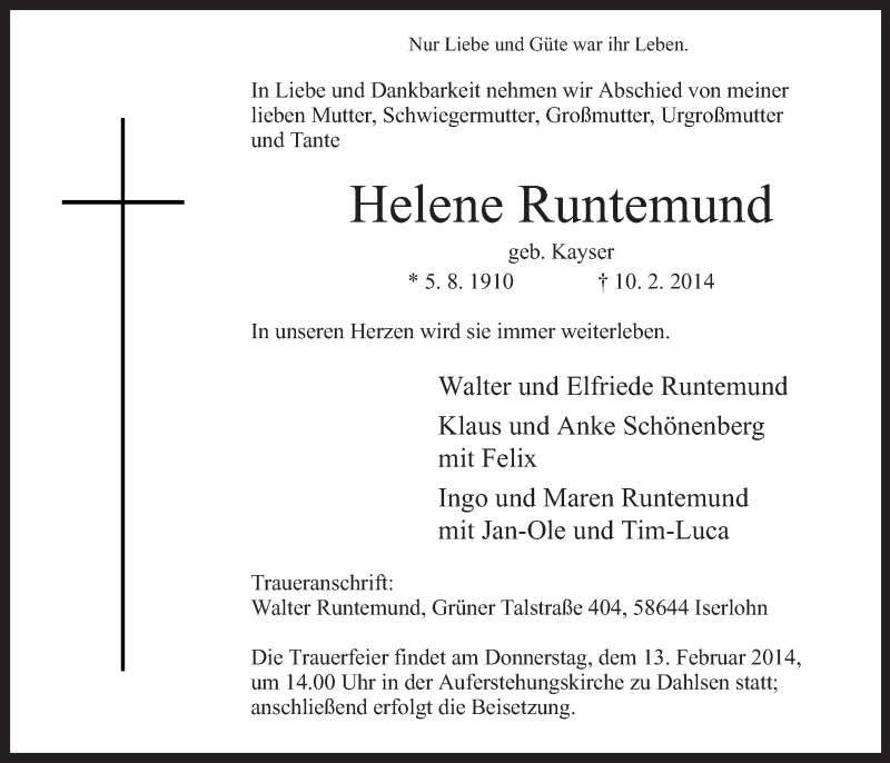  Traueranzeige für Helene Runtemund vom 12.02.2014 aus MZV