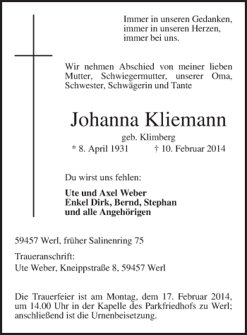 Traueranzeige von Johanna Kliemann von MZV