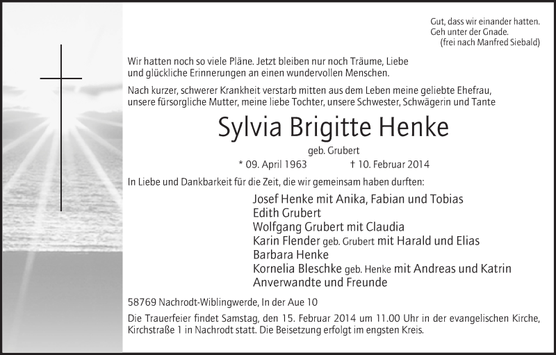  Traueranzeige für Sylvia Brigitte Henke vom 12.02.2014 aus MZV