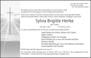 Traueranzeige von Sylvia Brigitte Henke von MZV
