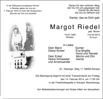 Traueranzeige von Margot Riede von MZV