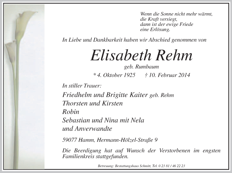  Traueranzeige für Elisabeth Rehm vom 17.02.2014 aus MZV