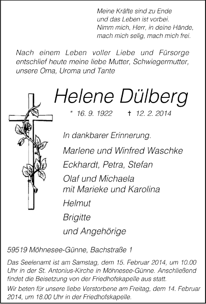  Traueranzeige für Helene Dülberg vom 13.02.2014 aus MZV