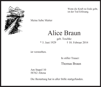 Traueranzeige von Alice Braun von MZV