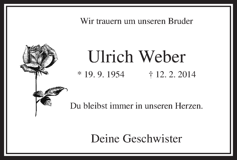  Traueranzeige für Ulrich Weber vom 15.02.2014 aus MZV