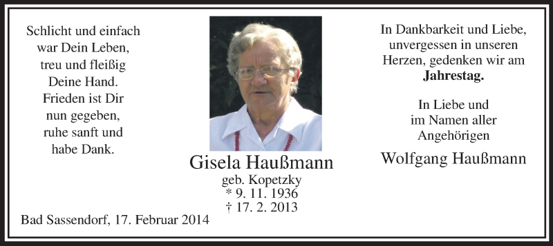  Traueranzeige für Gisela Haußmann vom 17.02.2014 aus MZV