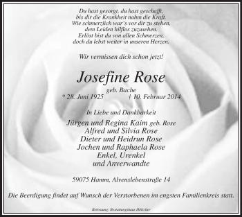 Traueranzeige von Josefine Rose von MZV