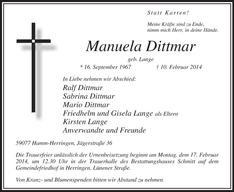  Traueranzeige für Manuela Dittmar vom 14.02.2014 aus MZV