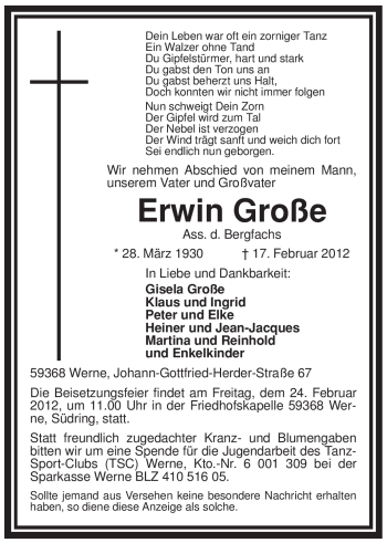 Traueranzeige von Erwin Große von WESTFÄLISCHER ANZEIGER
