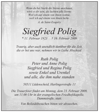 Traueranzeige von Siegfried Polig von WESTFÄLISCHER ANZEIGER