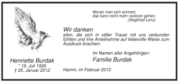 Traueranzeige von Henriette Burdak von WESTFÄLISCHER ANZEIGER