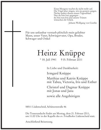 Traueranzeige von Heinz Knüppe von WESTFÄLISCHER ANZEIGER