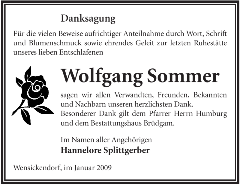  Traueranzeige für Wolfgang Sommer vom 20.01.2009 aus WESTFÄLISCHER ANZEIGER