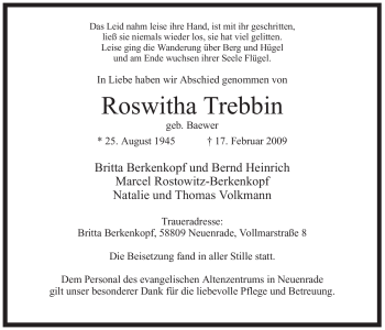 Traueranzeige von Roswitha Trebbin von WESTFÄLISCHER ANZEIGER