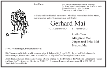 Traueranzeige von Gerhard Mai von WESTFÄLISCHER ANZEIGER