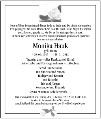 Traueranzeige von Monika Hauk von WESTFÄLISCHER ANZEIGER