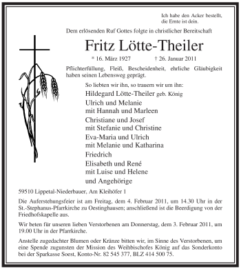 Traueranzeige von Fritz Lötte-Theiler von WESTFÄLISCHER ANZEIGER