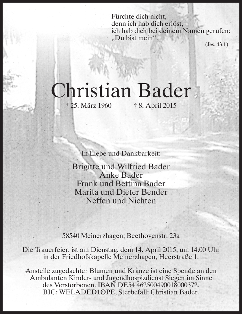  Traueranzeige für Christian Bader vom 11.04.2015 aus MZV