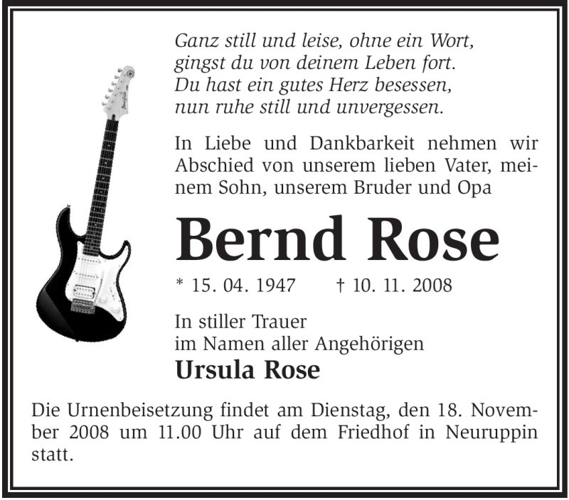  Traueranzeige für Bernd Rose vom 15.11.2008 aus WESTFÄLISCHER ANZEIGER