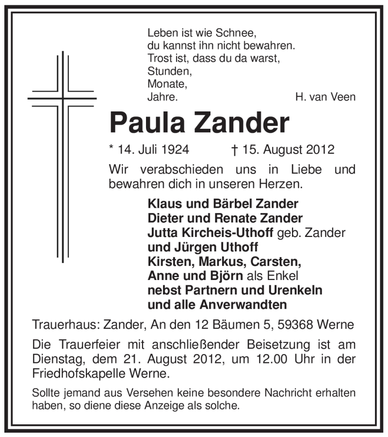  Traueranzeige für Paula Zander vom 18.08.2012 aus WESTFÄLISCHER ANZEIGER