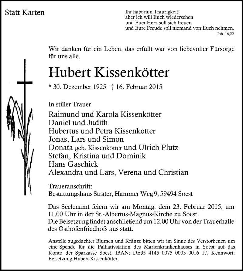  Traueranzeige für Hubert Kissenkötter vom 19.02.2015 aus MZV