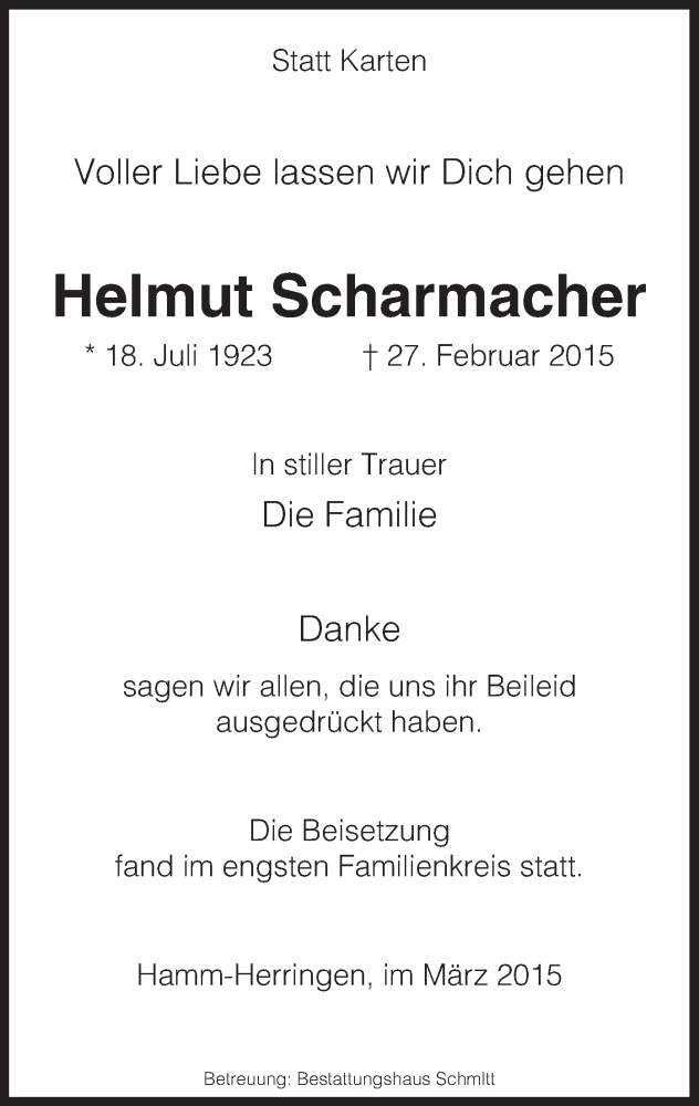 Traueranzeige für Helmut Scharmacher vom 07.03.2015 aus MZV