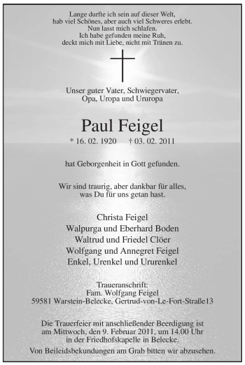 Traueranzeige von Paul Feigel von WESTFÄLISCHER ANZEIGER