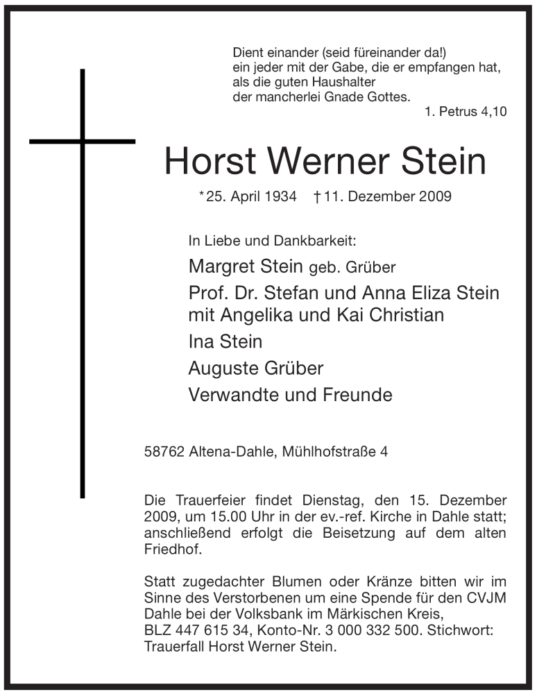  Traueranzeige für Horst Werner Stein vom 12.12.2009 aus WESTFÄLISCHER ANZEIGER