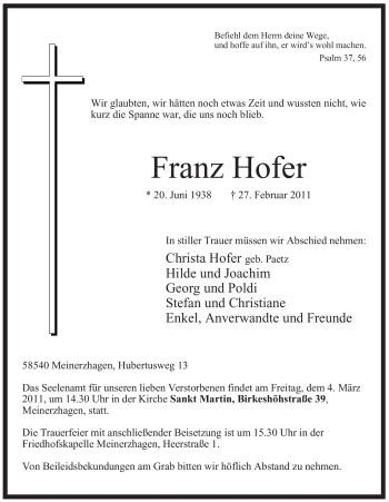 Traueranzeige von Franz Hofer von WESTFÄLISCHER ANZEIGER