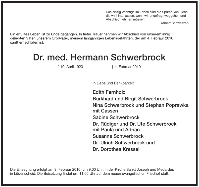  Traueranzeige für Hermann Schwerbrock vom 06.02.2010 aus WESTFÄLISCHER ANZEIGER