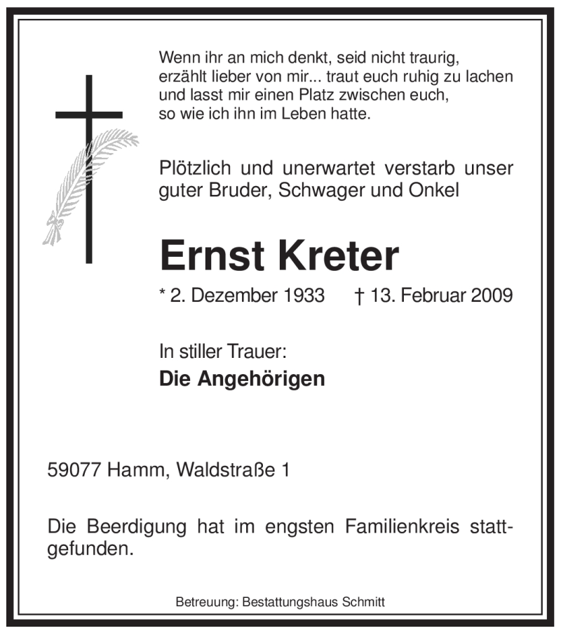  Traueranzeige für Ernst Kreter vom 21.02.2009 aus WESTFÄLISCHER ANZEIGER