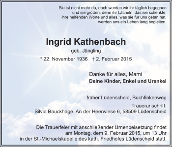 Traueranzeige von Ingrid Kathenbach von MZV