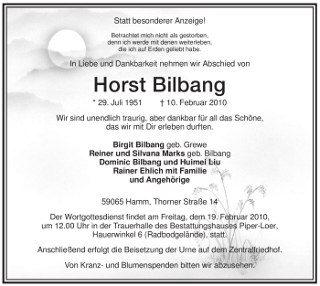 Traueranzeige von Horst Bilbang von WESTFÄLISCHER ANZEIGER