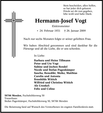 Traueranzeige von Hermann-Josef Vogt von WESTFÄLISCHER ANZEIGER