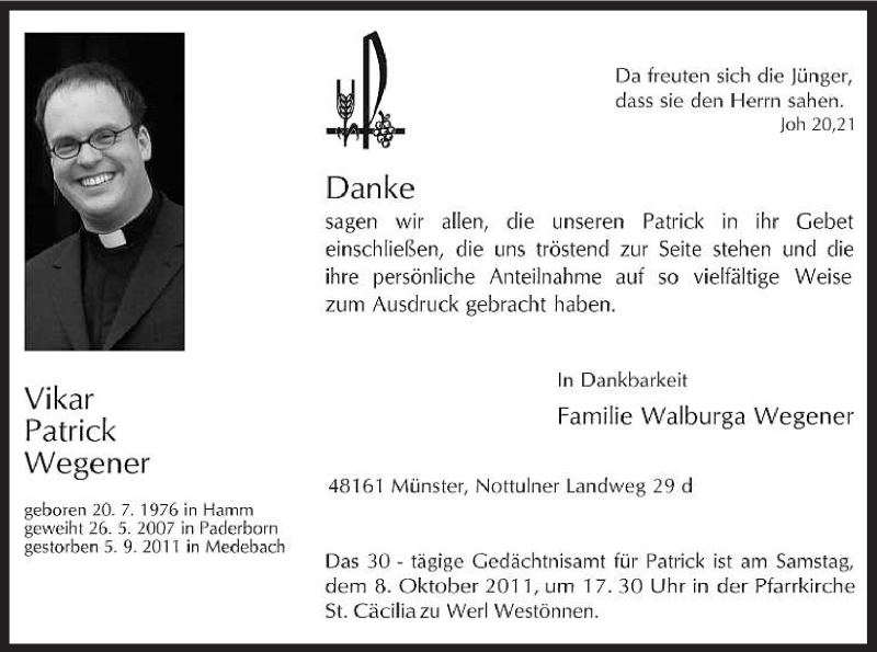  Traueranzeige für Patrick Wegener vom 05.10.2011 aus WESTFÄLISCHER ANZEIGER