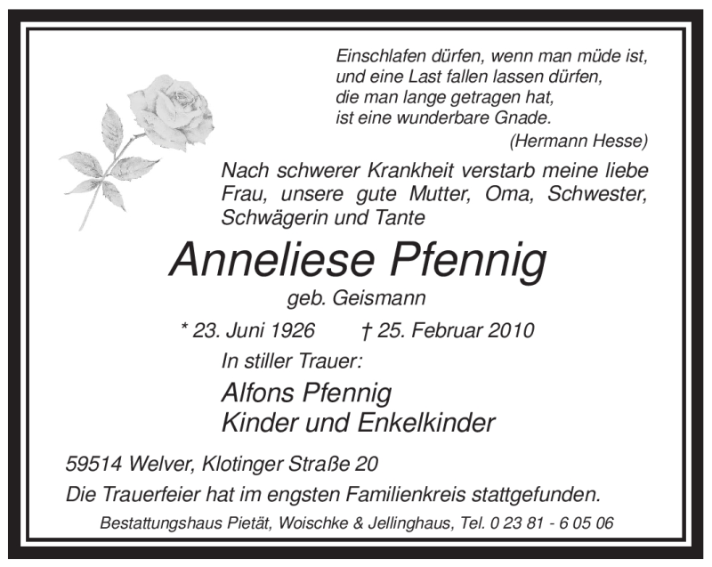  Traueranzeige für Anneliese Pfennig vom 10.03.2010 aus WESTFÄLISCHER ANZEIGER