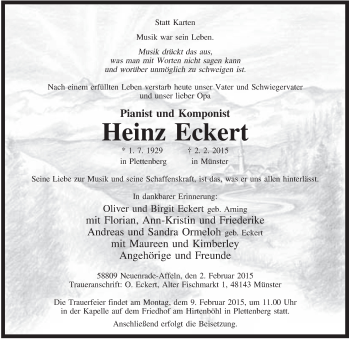 Traueranzeige von Heinz Eckert von MZV