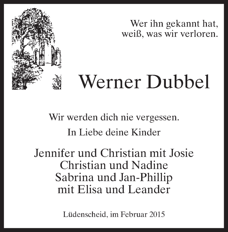  Traueranzeige für Werner Dubbel vom 19.02.2015 aus MZV